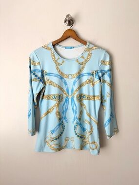 J. McLaughlin Light Blue Equestrian Chain-Print Top